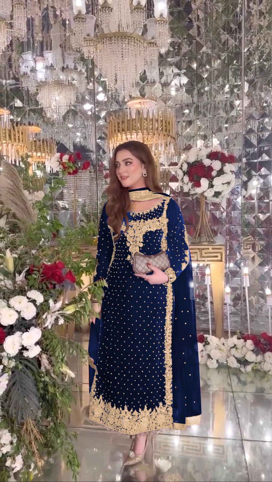 Navy Blue Viscose Velvet Lace Embroidery Work Salwar Suit - Image 5