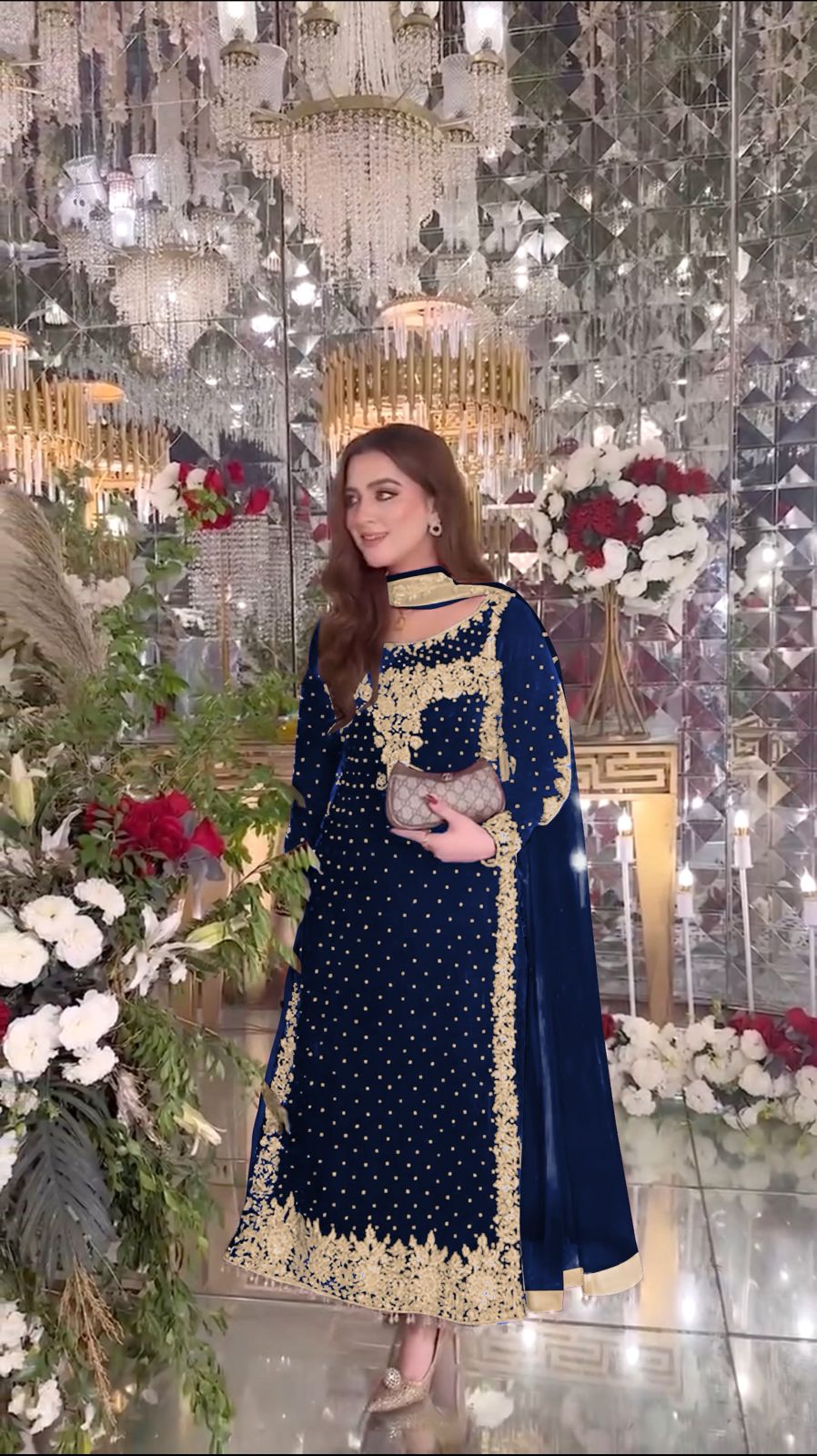 Navy Blue Viscose Velvet Lace Embroidery Work Salwar Suit - Image 4