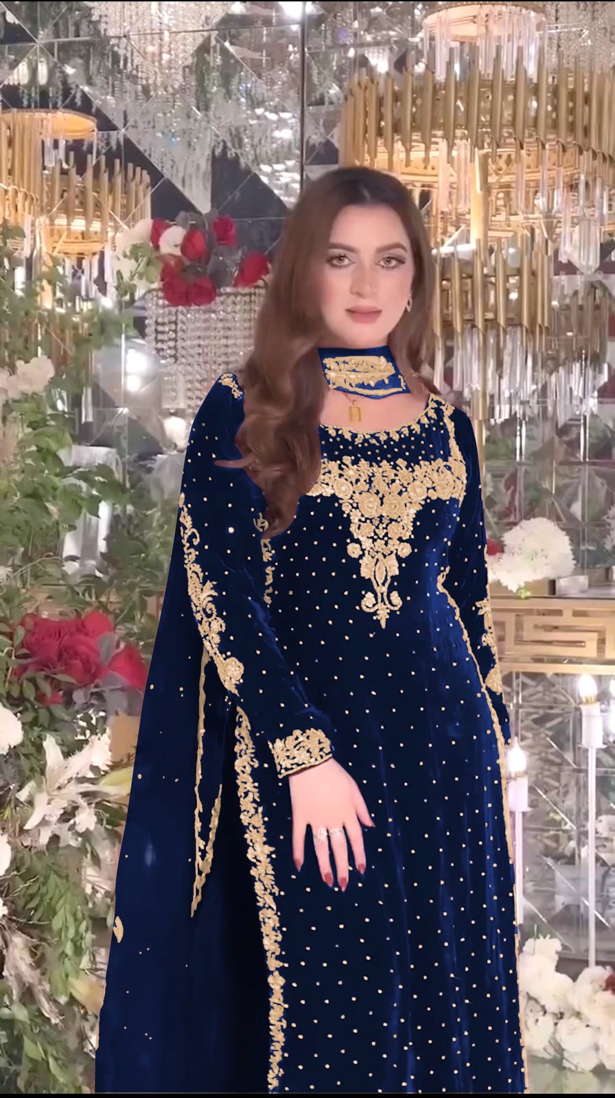Navy Blue Viscose Velvet Lace Embroidery Work Salwar Suit - Image 2