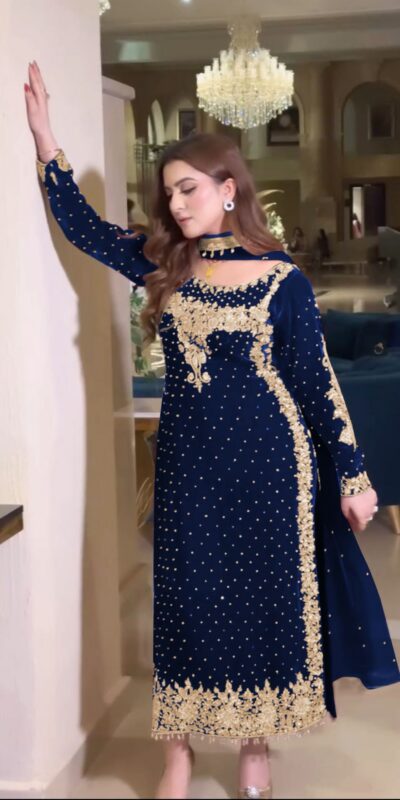 Navy Blue Viscose Velvet Lace Embroidery Work Salwar Suit