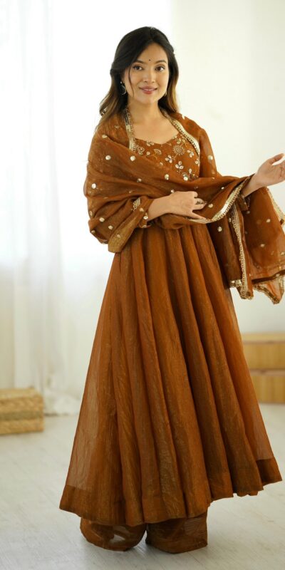 Mustered Crunchy Silk Embroidery Lace Work Gown