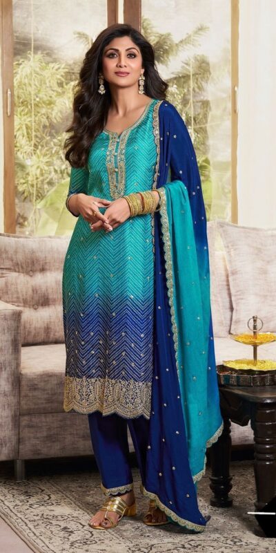 Navy Blue Chinoon Silk Embroidery Work Salwar Suit