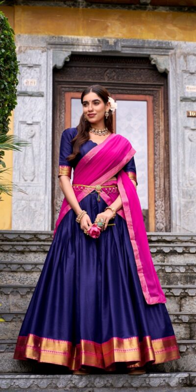 Navy Blue Poly Cotton Lace Zari Work Lehenga Choli