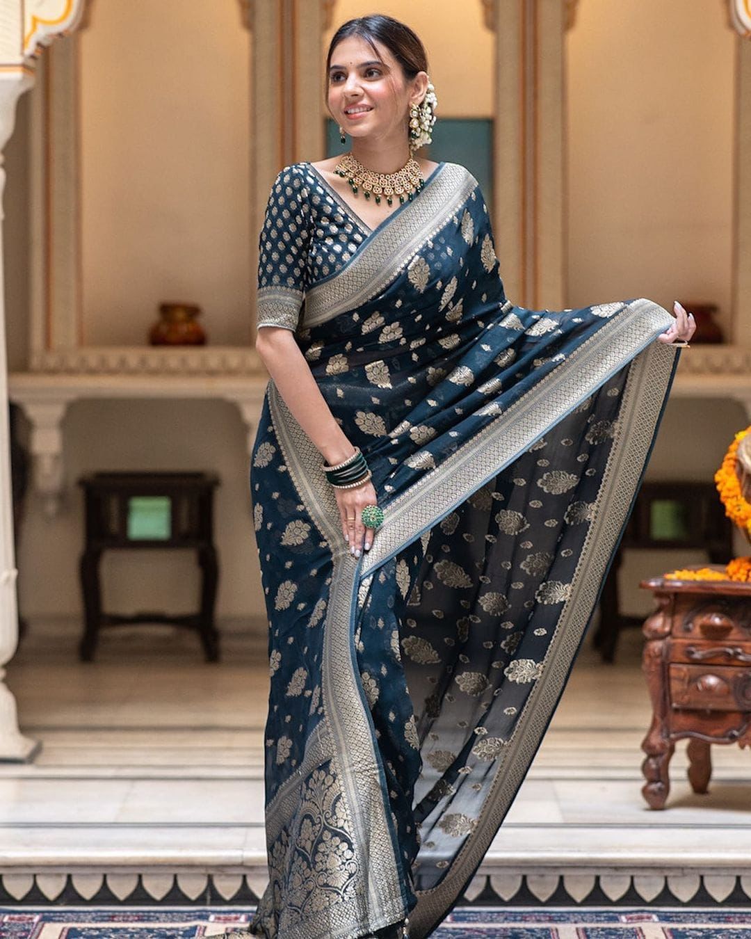 Navy Blue Soft Lichi Silk Jacquard Work Saree
