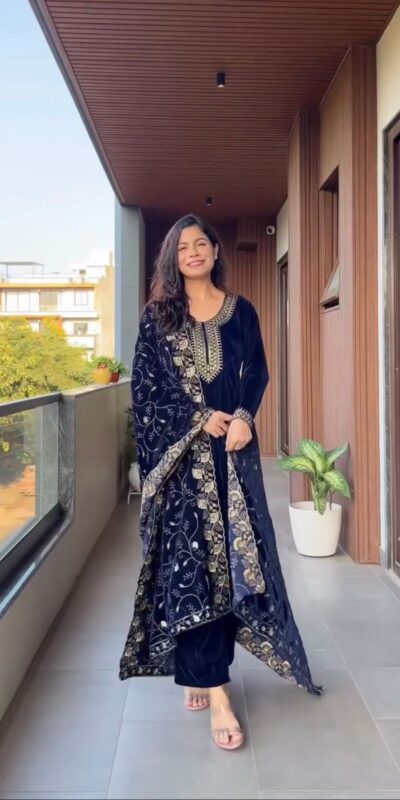 Navy Blue Velvet Embroidery Work Salwar Suit