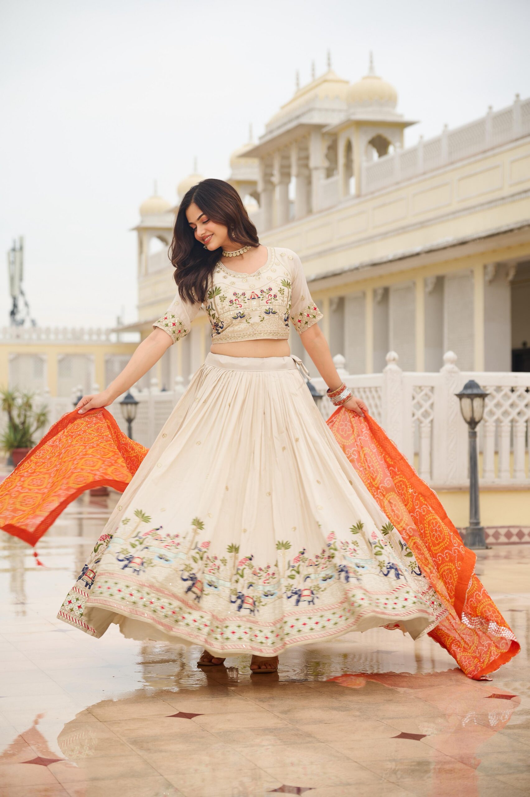 Orange Tissue Silk Embroidery Work Lehenga Choli