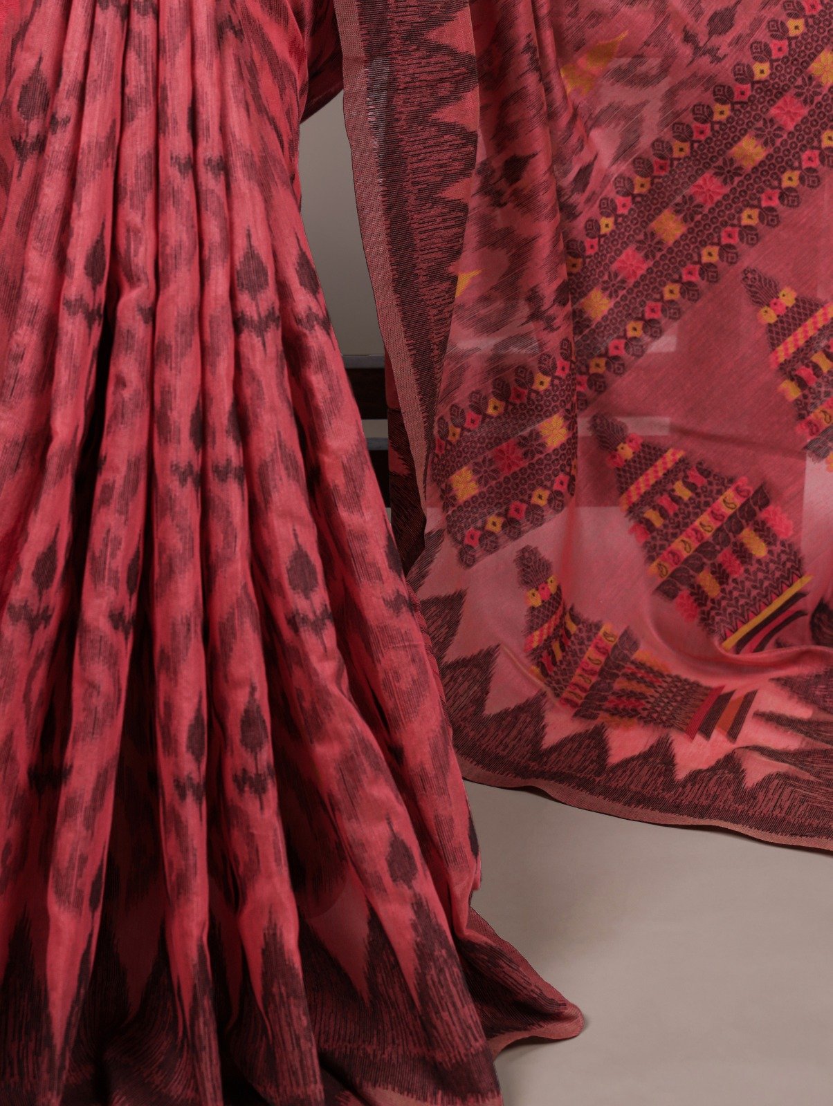 Peach Poly Cotton Thread Weaving Work Saree - Image 3