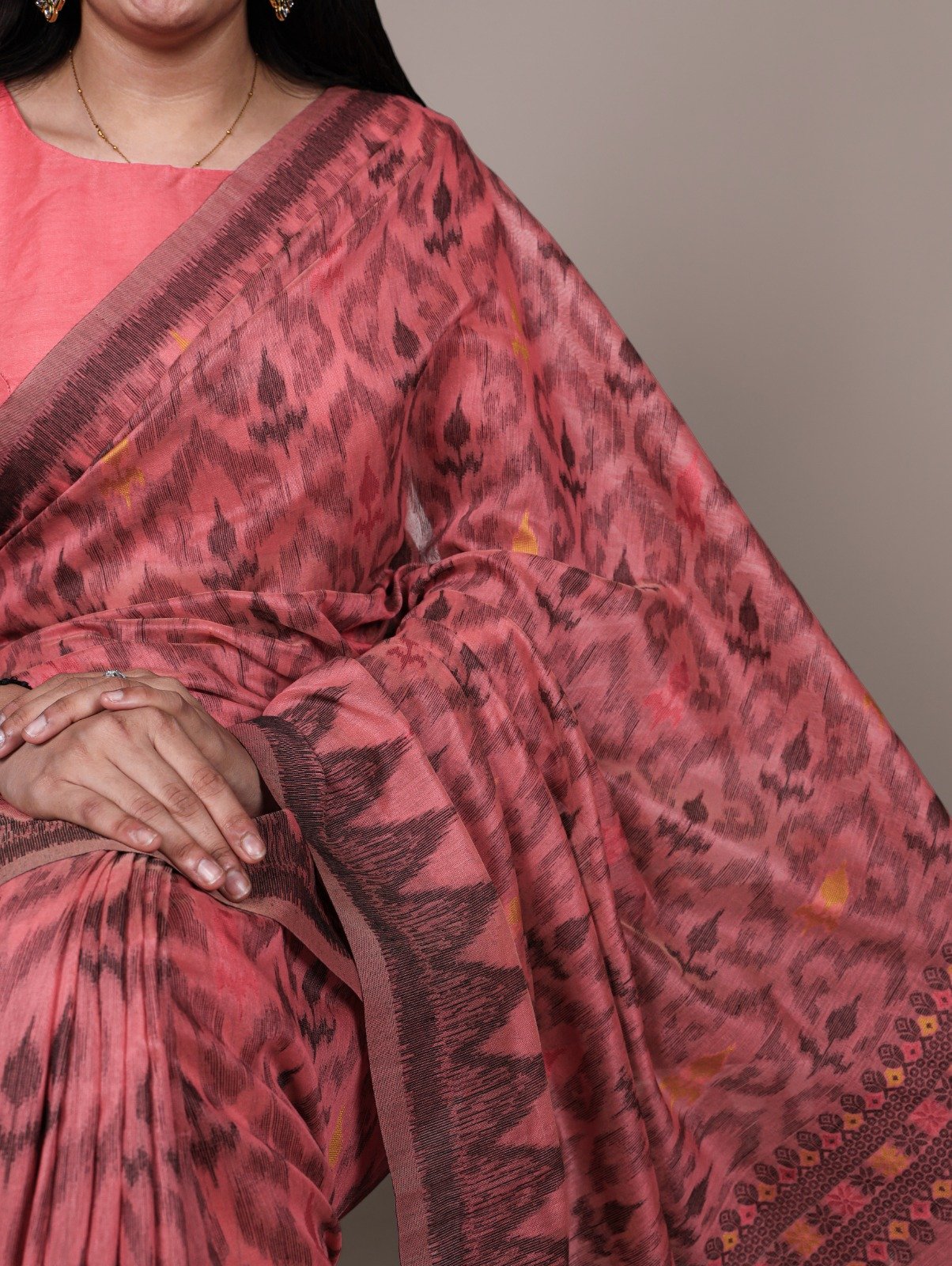 Peach Poly Cotton Thread Weaving Work Saree - Image 2