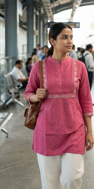 Peach Rayon Multi Embroidery Work Kurti