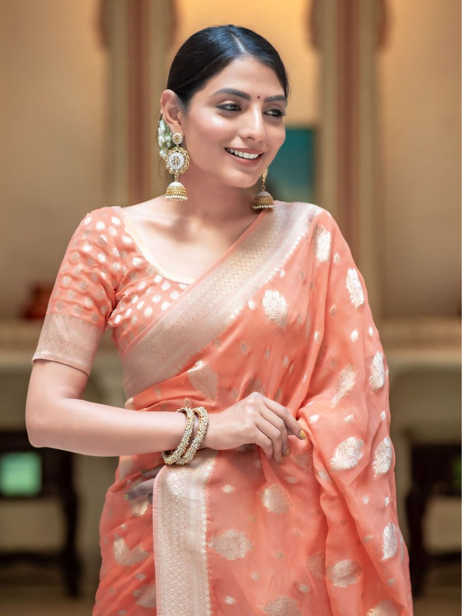 Peach Soft Lichi Silk Jacquard Work Saree - Image 2