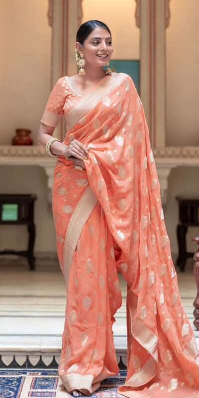 Peach Soft Lichi Silk Jacquard Work Saree