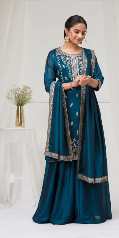 Peacock Blue Blooming Vichitra Embroidery Work Salwar Suit