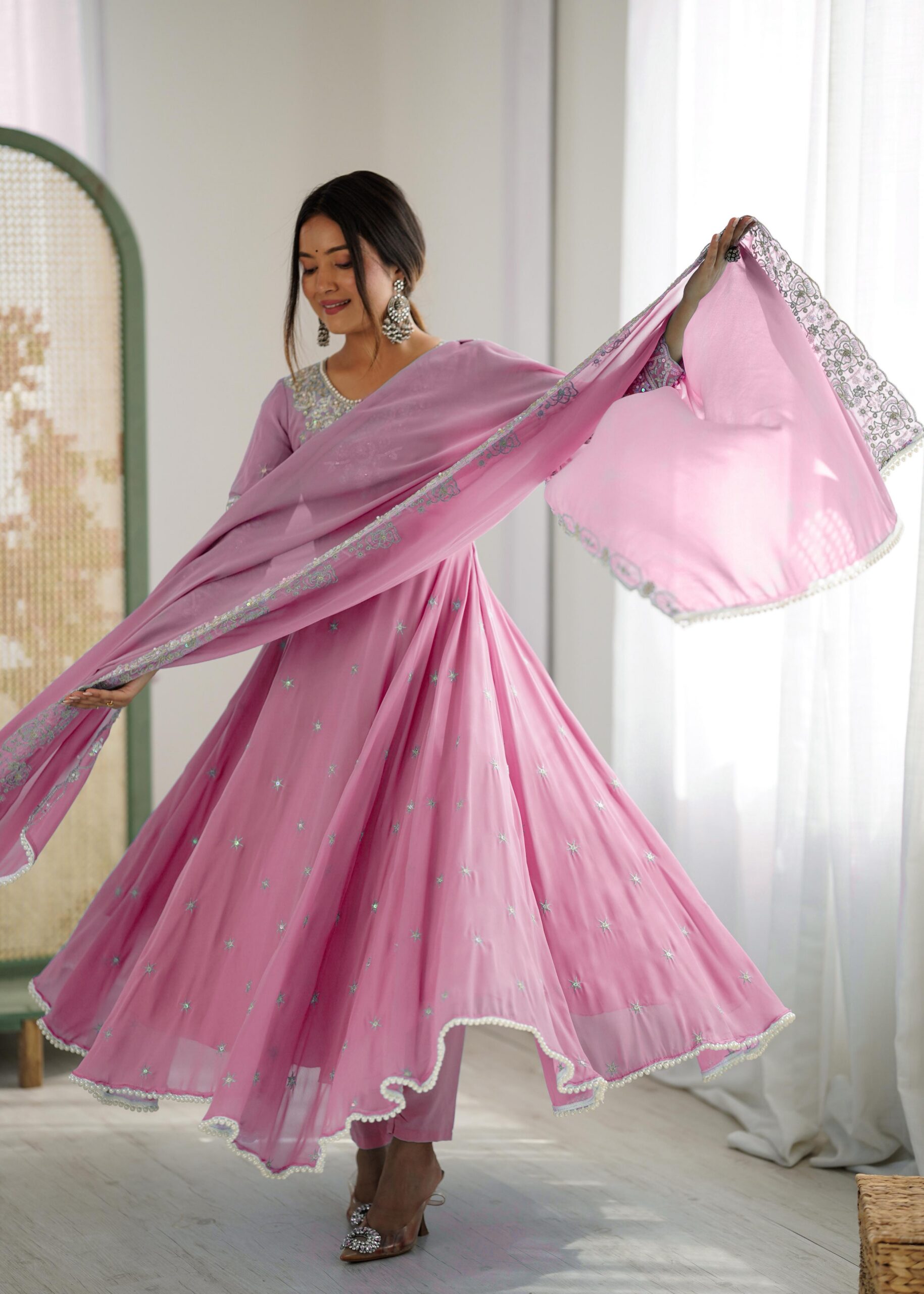 Pink Blooming Faux Embroidery Work Gown - Image 11