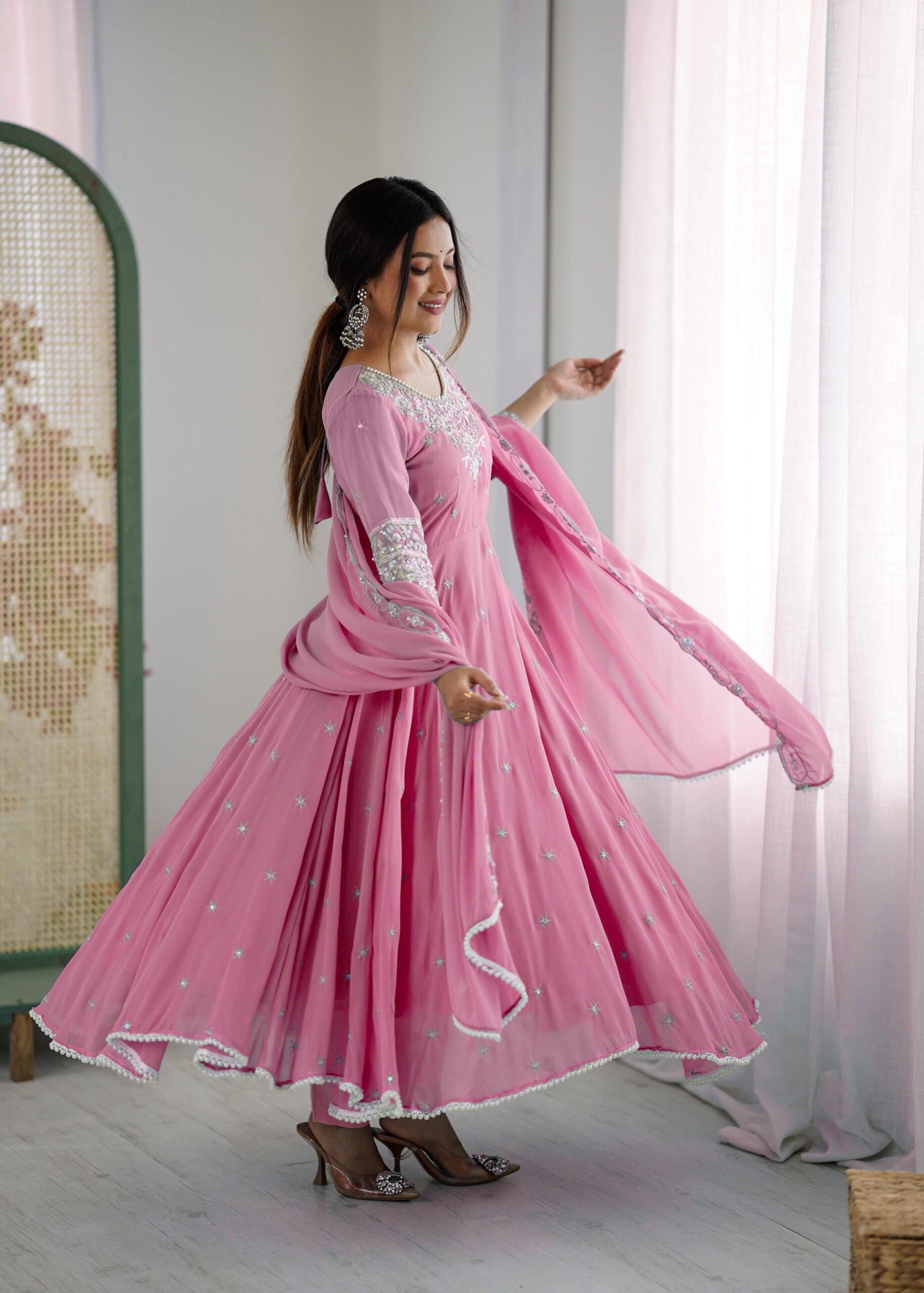 Pink Blooming Faux Embroidery Work Gown - Image 2