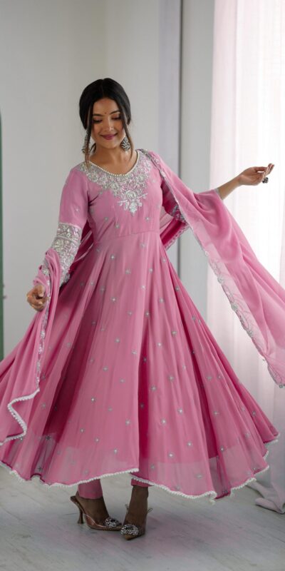 Pink Blooming Faux Embroidery Work Gown