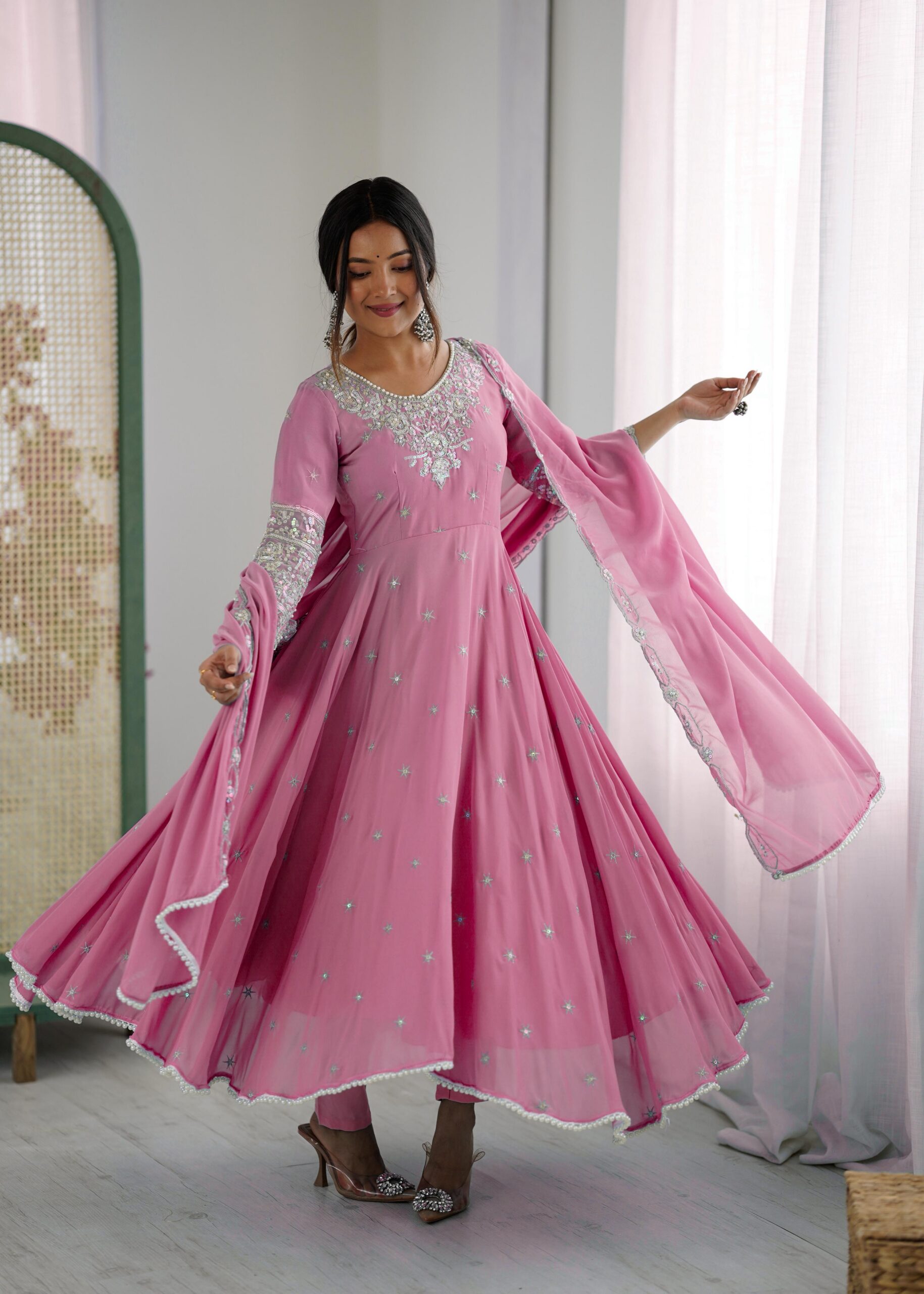 Pink Blooming Faux Embroidery Work Gown