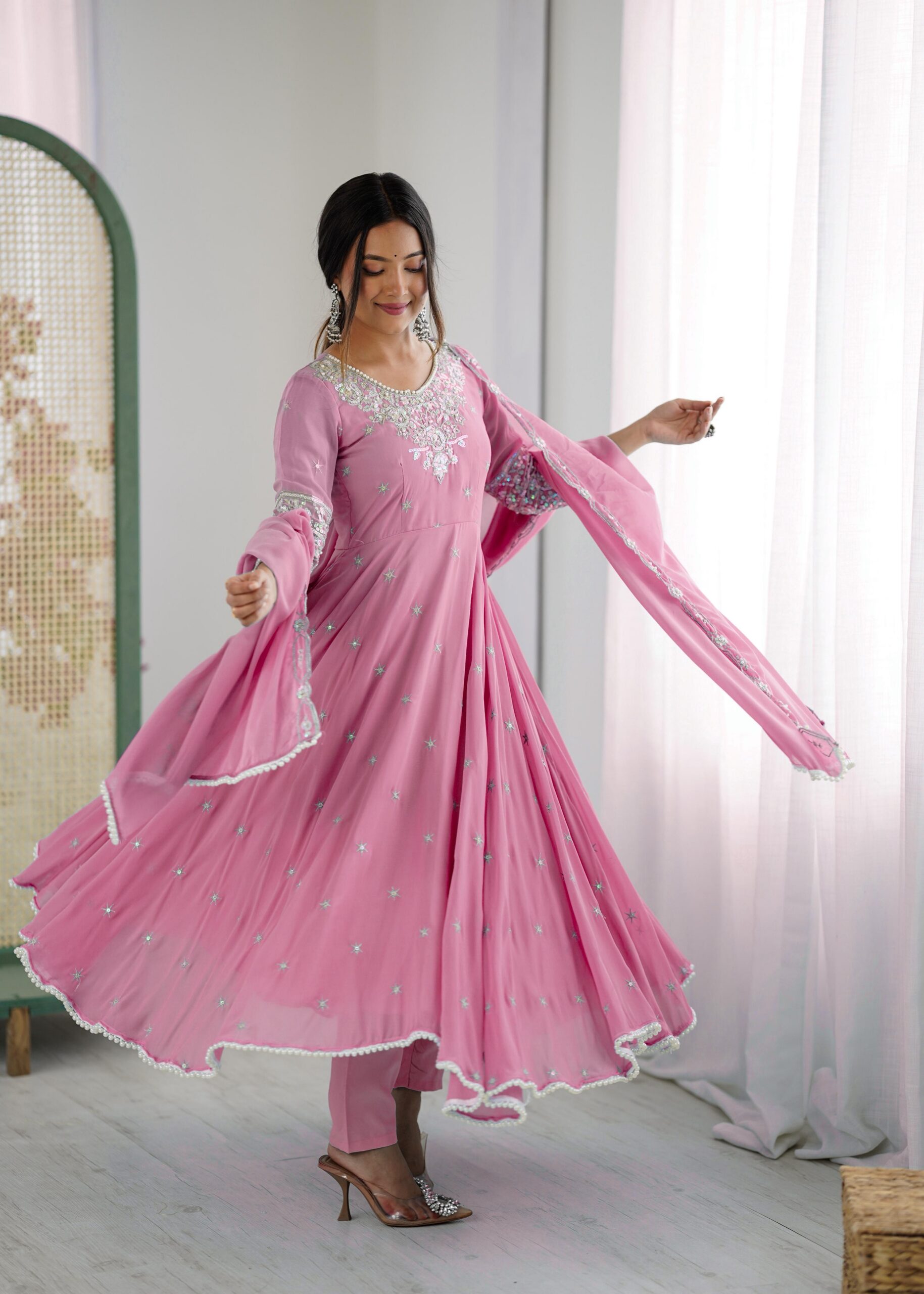 Pink Blooming Faux Embroidery Work Gown - Image 10