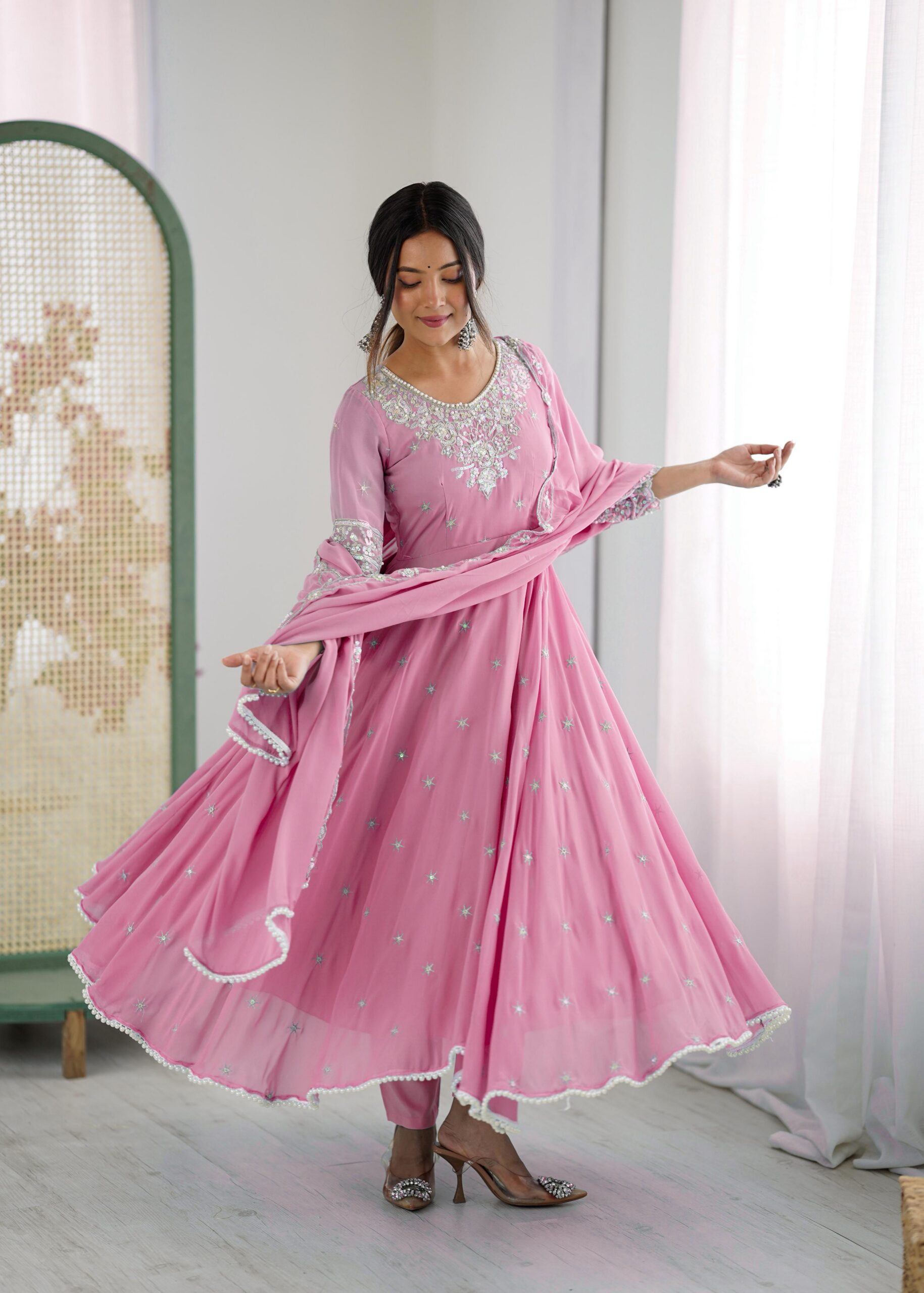 Pink Blooming Faux Embroidery Work Gown - Image 9