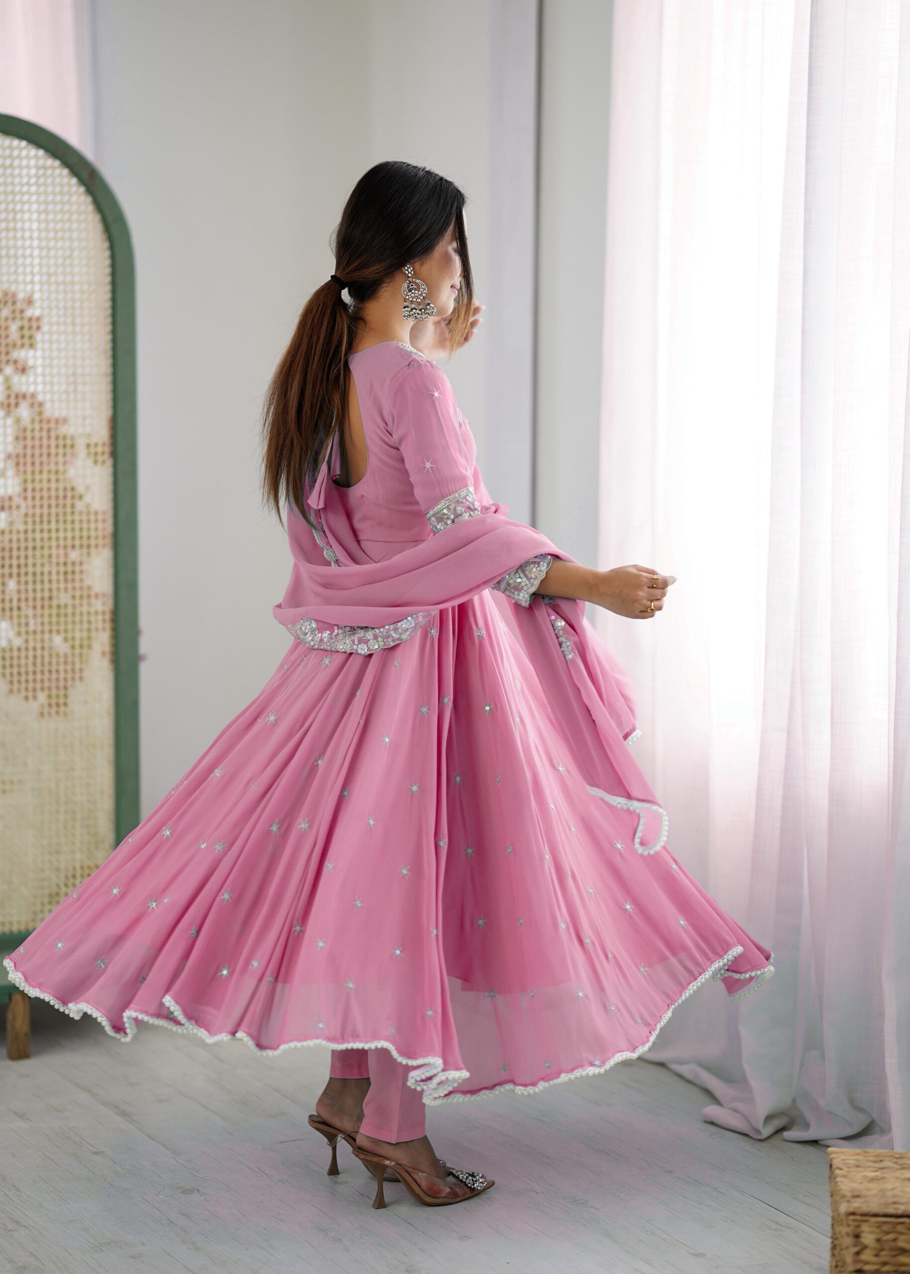 Pink Blooming Faux Embroidery Work Gown - Image 8