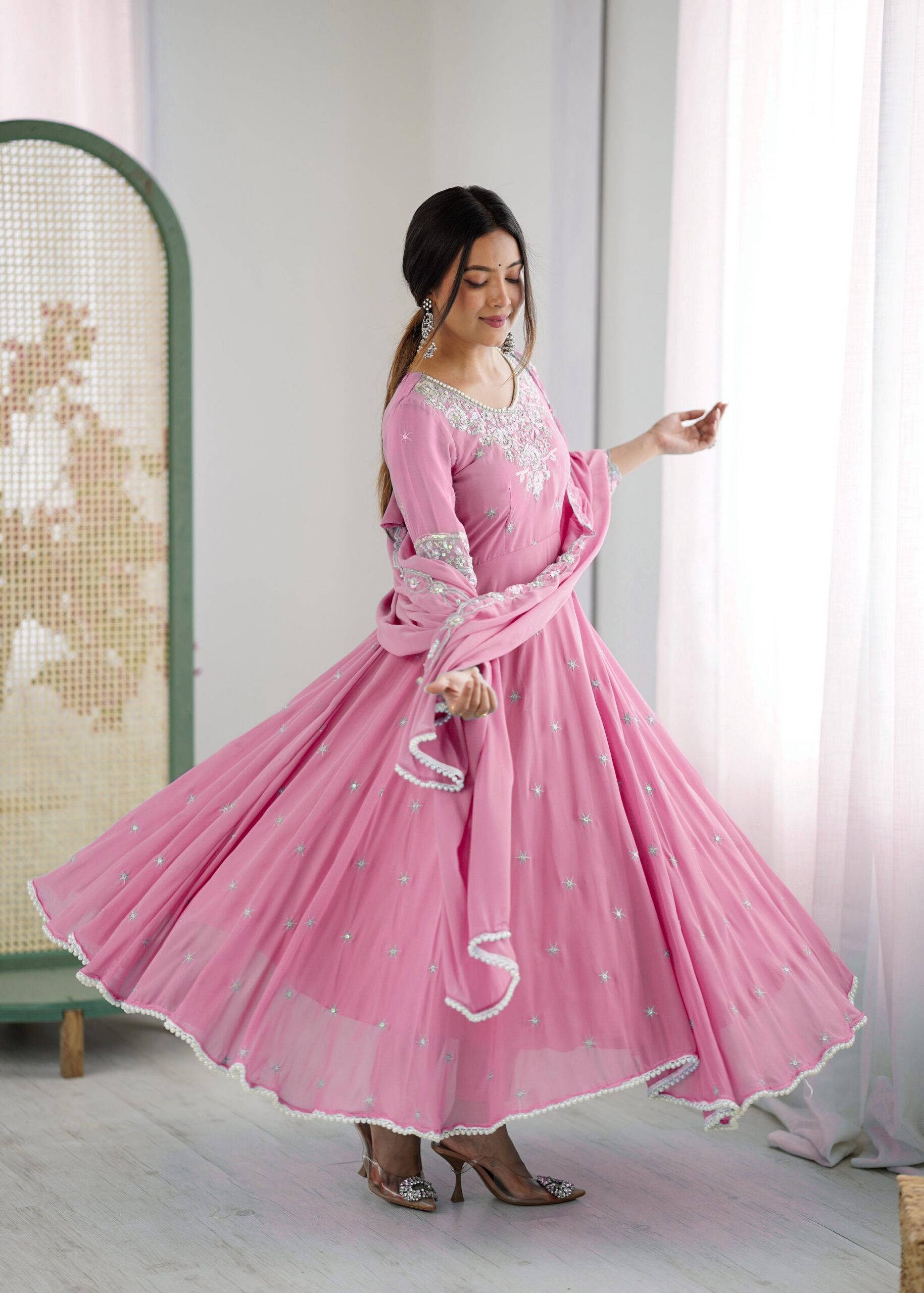 Pink Blooming Faux Embroidery Work Gown - Image 6