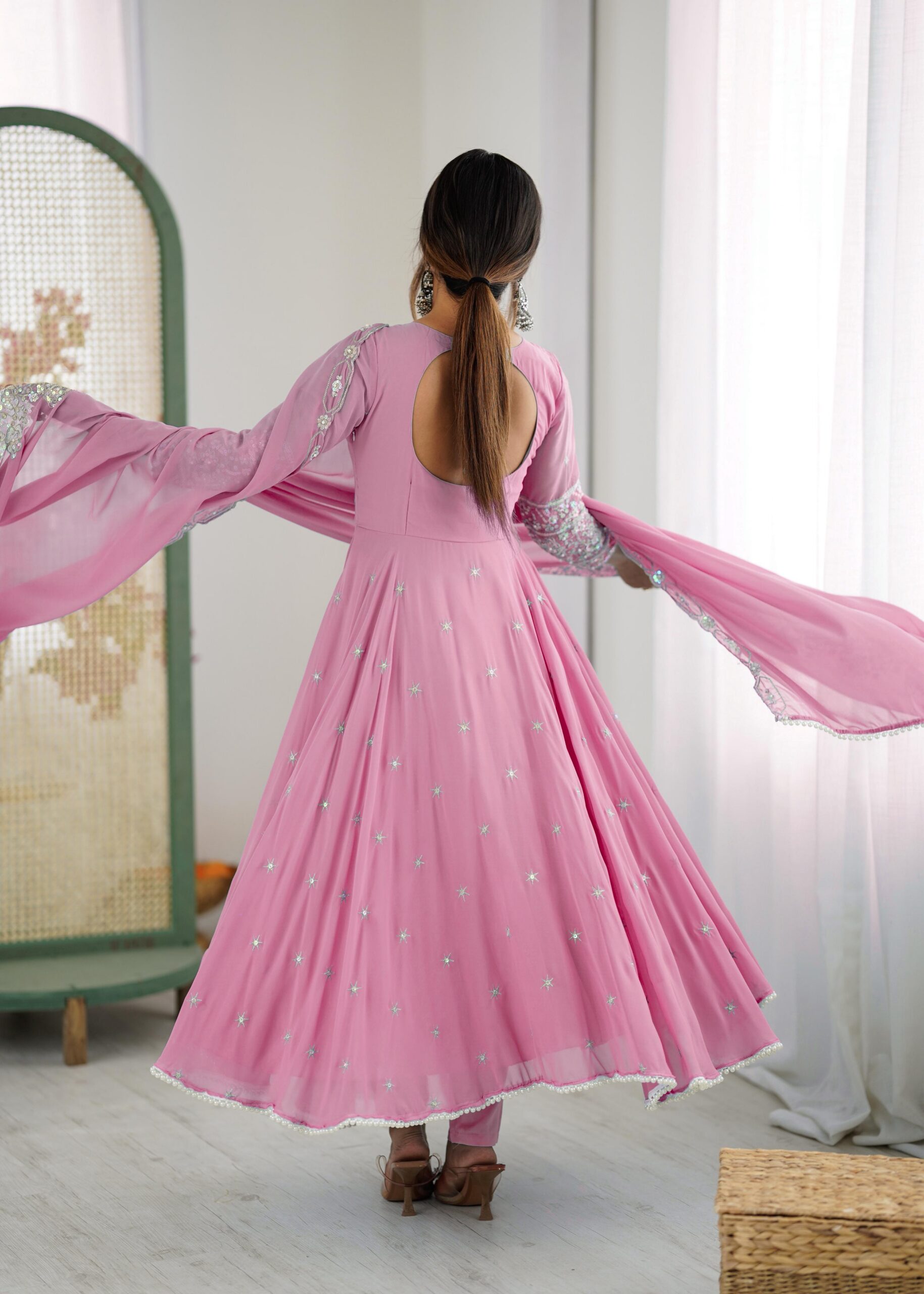 Pink Blooming Faux Embroidery Work Gown - Image 4
