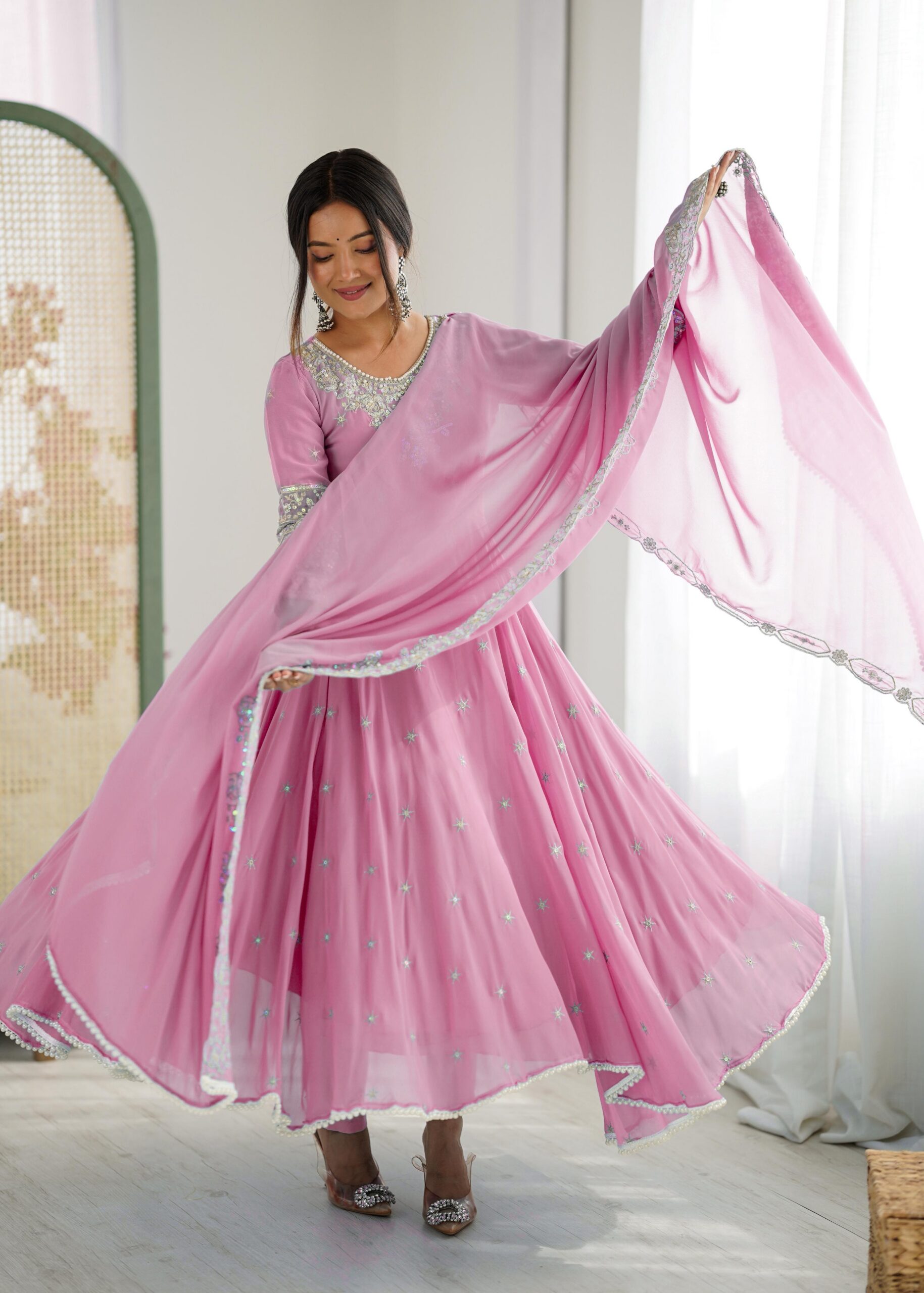Pink Blooming Faux Embroidery Work Gown - Image 3