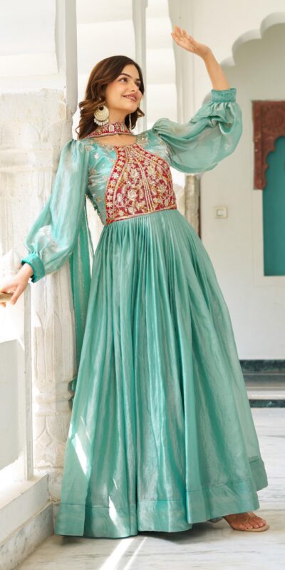 Pista Fendy Silk Embroidery Work Gown