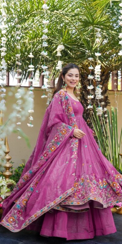 NSR 880 Purple Crunchy Silk Gown with Embroidery Work. Wedding, Party, Festive, Events Grab it for ₹2249. Delivery 4-6 Working Days. Shop now. | Gowns, Bollywood Gowns, Creative Gowns, Designer Gowns, Embroidered Gowns, Party Wear Gowns