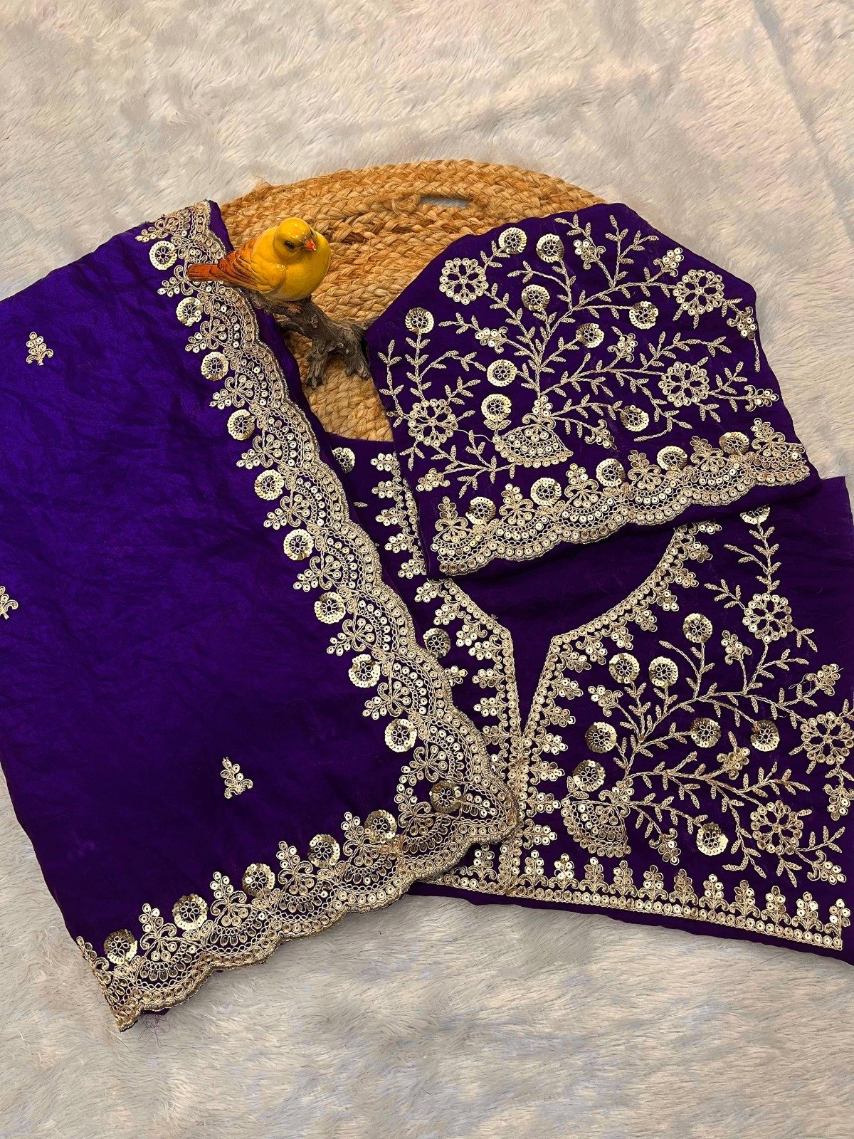 Purple Fandy Satin Silk Zari Work Saree - Image 4
