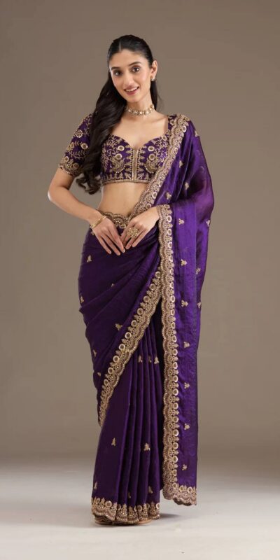Purple Fandy Satin Silk Zari Work Saree