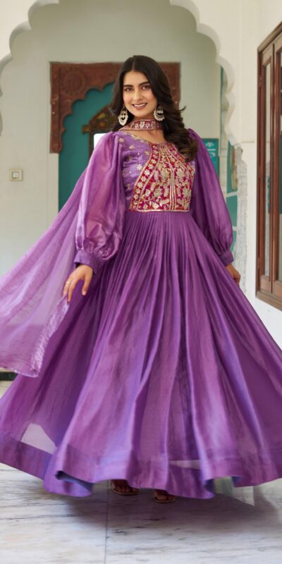 Purple Fendy Silk Embroidery Work Gown
