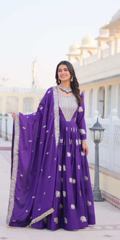 Purple Fox Georgette Embroidery Work Gown