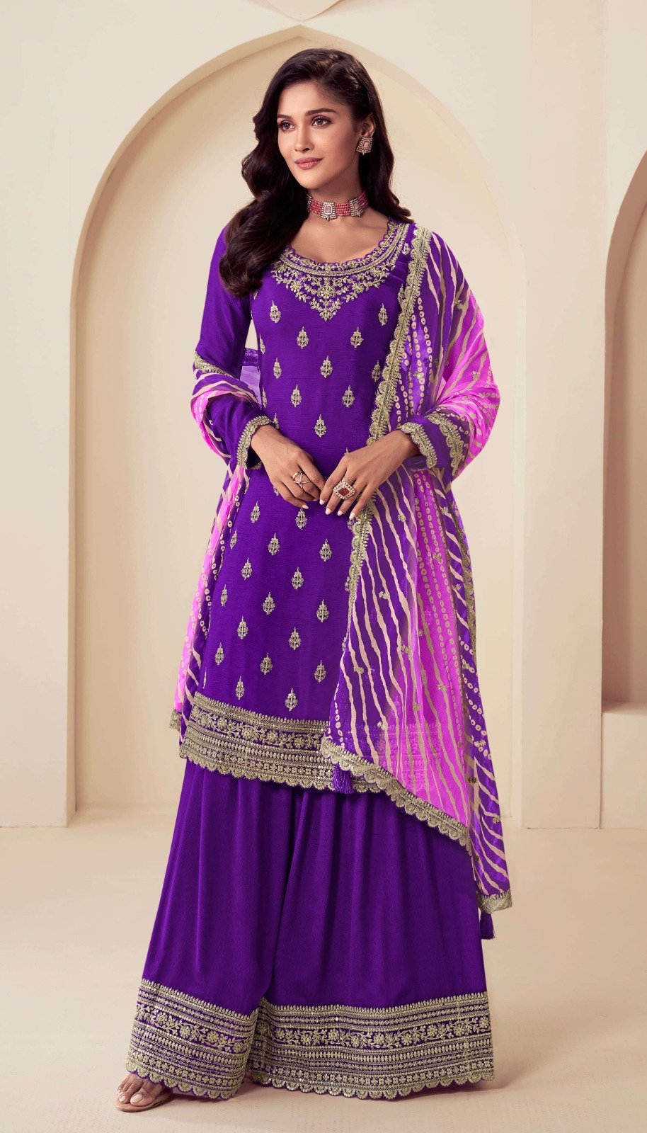 Purple Viscose Chinon With Zari Work Salwar Suit