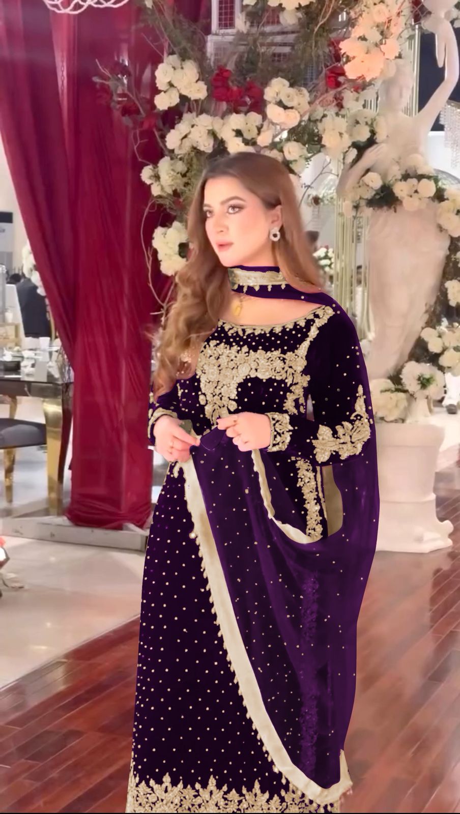 Purple Viscose Velvet Lace Embroidery Work Salwar Suit - Image 3