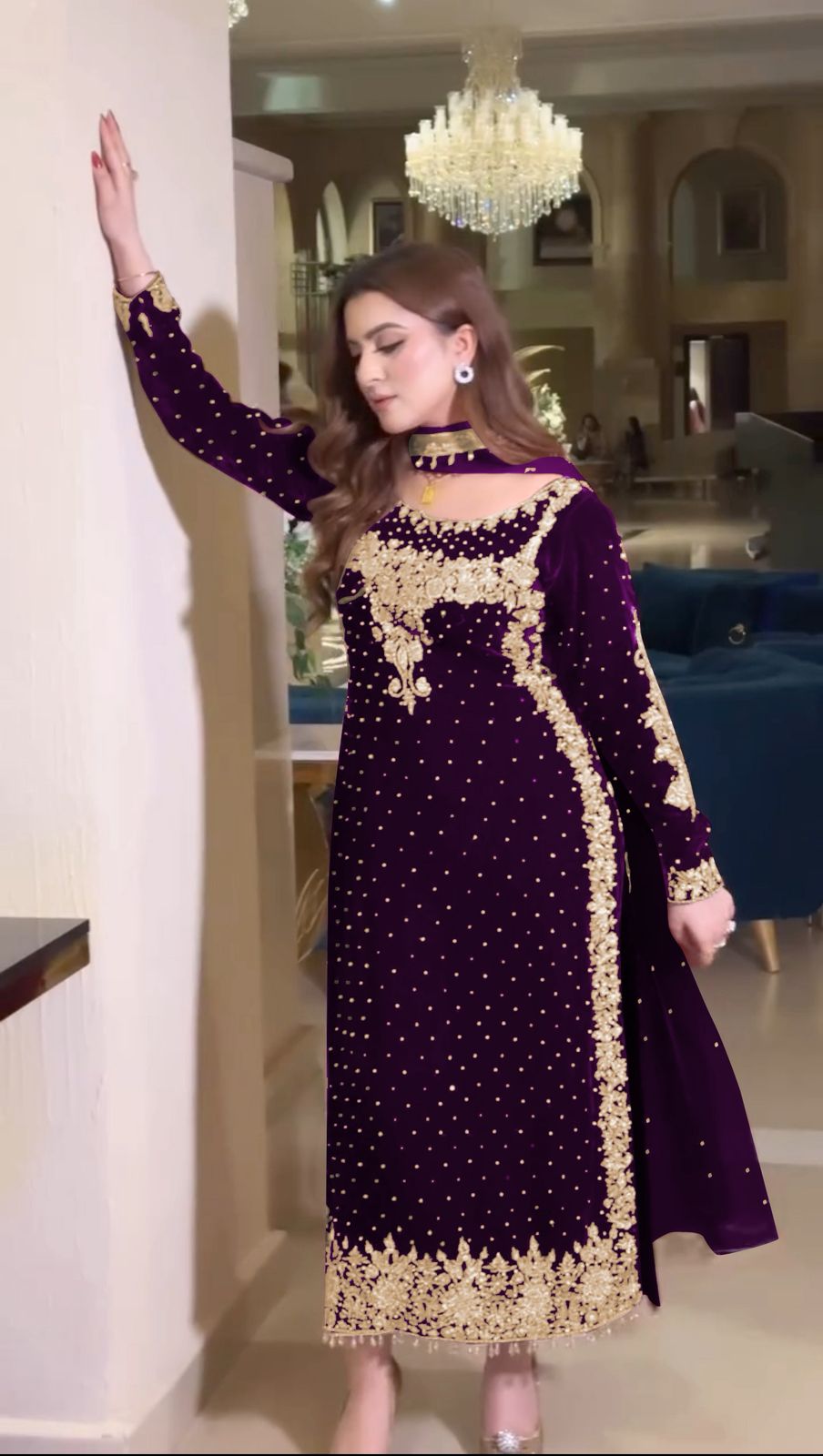 Purple Viscose Velvet Lace Embroidery Work Salwar Suit