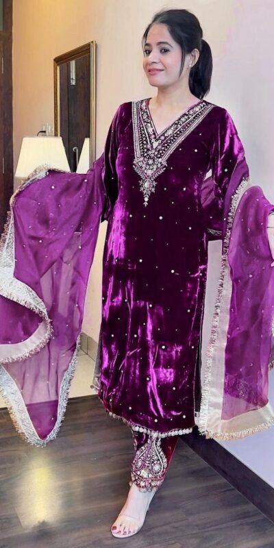 Purple Viscose Velvet Thread Rivet Moti Salwar Suit