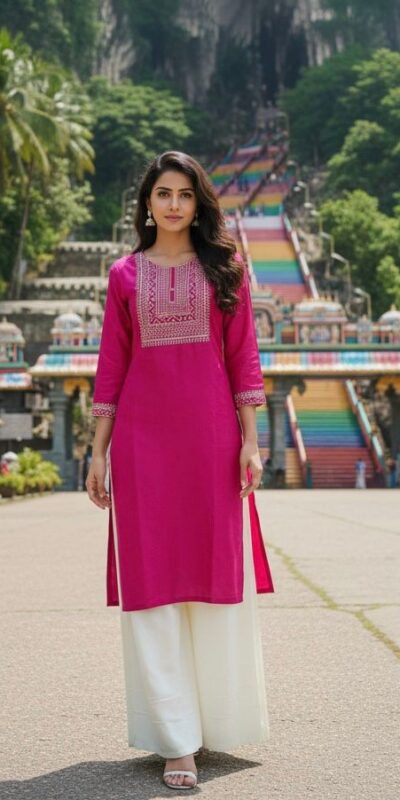 Rani Pink Rayon Embroidery Work Kurti