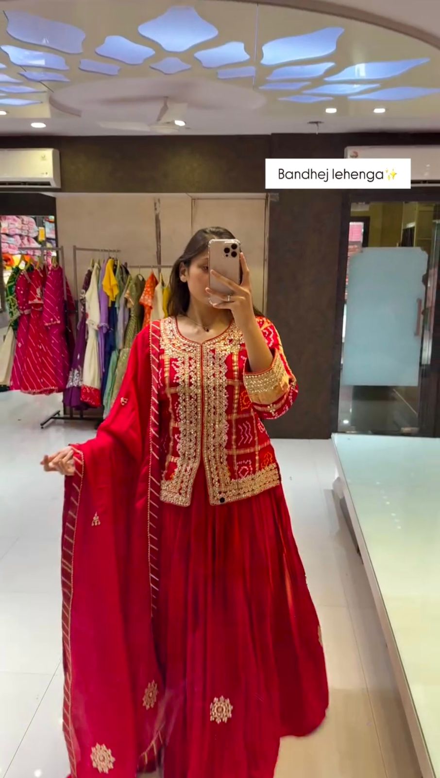 Red Chinon Digital Print Embroidery Work Lehenga Choli - Image 2