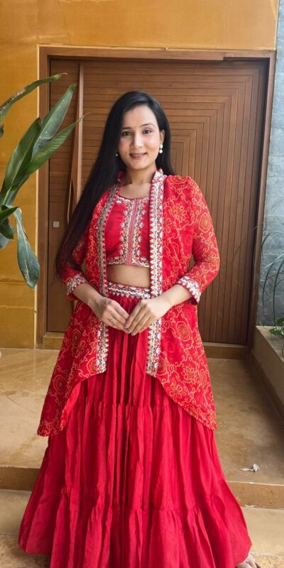 Red Chinon Thread Embroidery Work Lehenga Choli