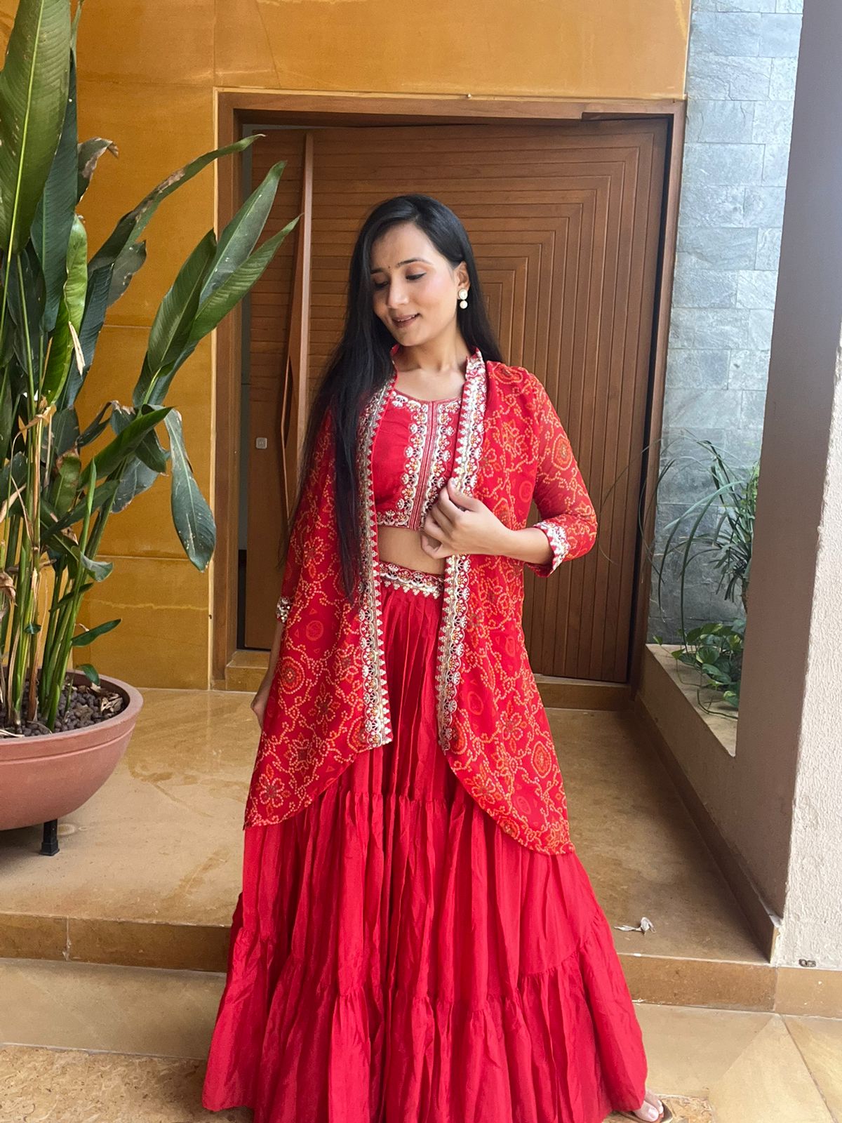 Red Chinon Thread Embroidery Work Lehenga Choli - Image 6