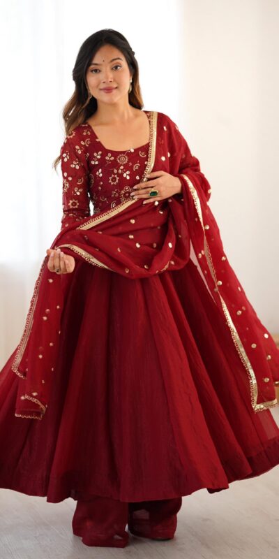 Red Crunchy Silk Embroidery Lace Work Gown