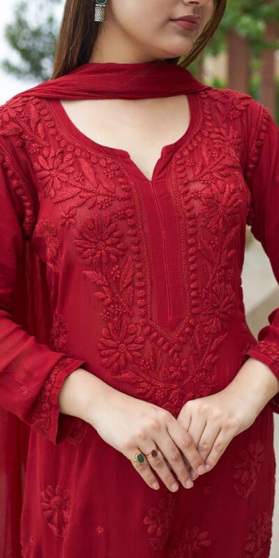 BE 370 Red Faux Georgette Salwar Suit with Lace Work & Embroidery Work. Festive Deal ₹1949. Delivery 4-6 Working Days. Shop now. | Jump Suits, Salwar suit, Casual Suits, Creative suits, Designer Suits, Palazzo Suits, Party Wear Suits, Patiala Suits, Straight Suits