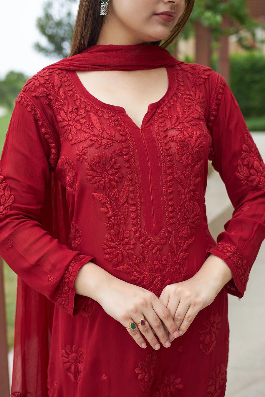 BE 370 Red Faux Georgette Salwar Suit with Lace Work & Embroidery Work. Festive Deal ₹1949. Delivery 4-6 Working Days. Shop now. | Jump Suits, Salwar suit, Casual Suits, Creative suits, Designer Suits, Palazzo Suits, Party Wear Suits, Patiala Suits, Straight Suits