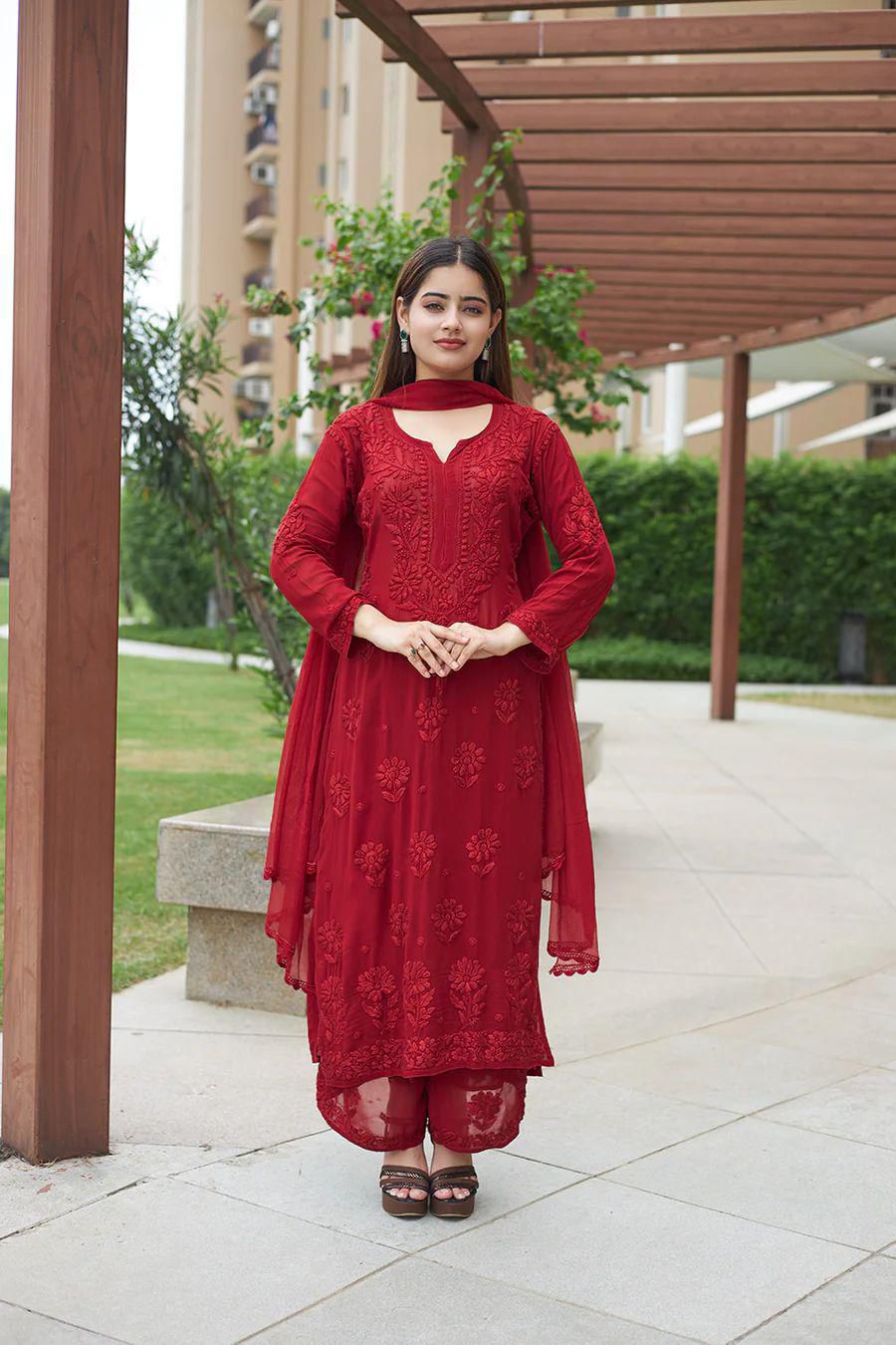 BE 370 Red Faux Georgette Salwar Suit with Lace Work & Embroidery Work. Festive Deal ₹1949. Delivery 4-6 Working Days. Shop now. | Jump Suits, Salwar suit, Casual Suits, Creative suits, Designer Suits, Palazzo Suits, Party Wear Suits, Patiala Suits, Straight Suits