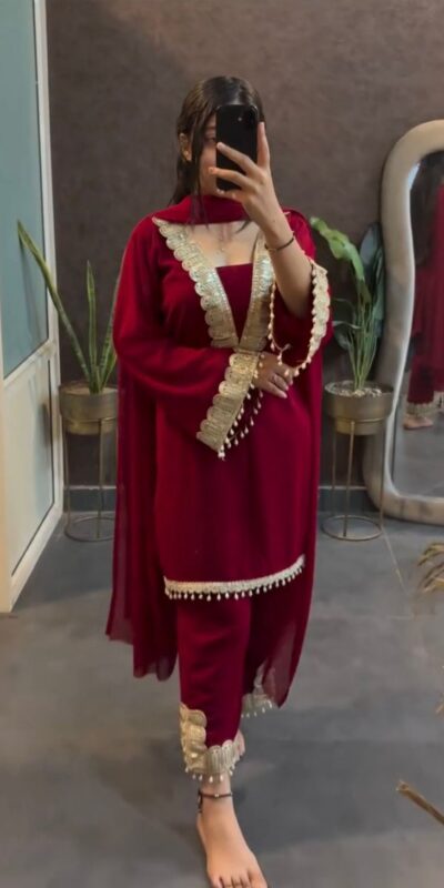 SRK 5306 Red Faux Georgette Salwar Suit with Lace Work & Embroidery Work. Special Price ₹1899. Delivery 4-6 Working Days. Shop now. | Lehenga, Bollywood Lehenga, Creative Lehenga, Designer Lehenga, Embroidered Lehenga, Party Wear Lehenga