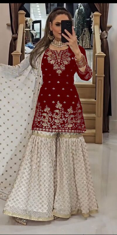 Red Fox Georgette Embroidery Lace Work Salwar Suit