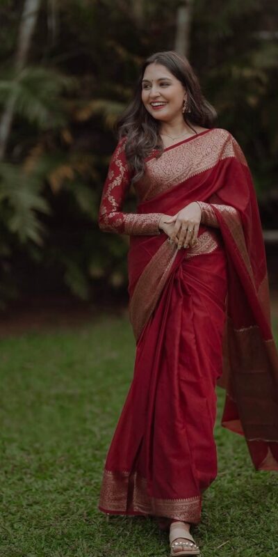 Red Soft Lichi Silk Border Lace Work Saree