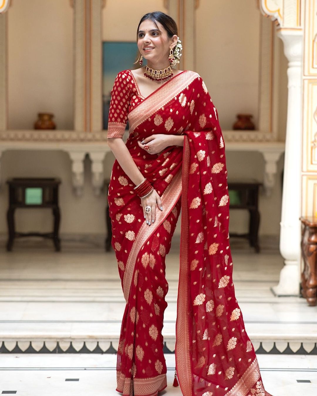 Red Soft Lichi Silk Jacquard Work Saree