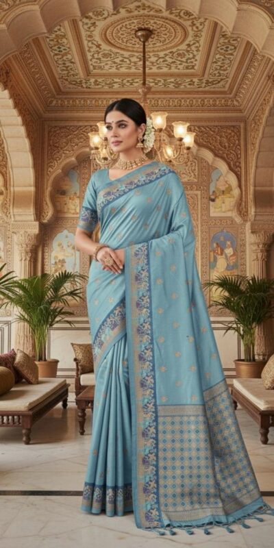 Sky Blue Banarasi Silk Zari Weaving Work Saree