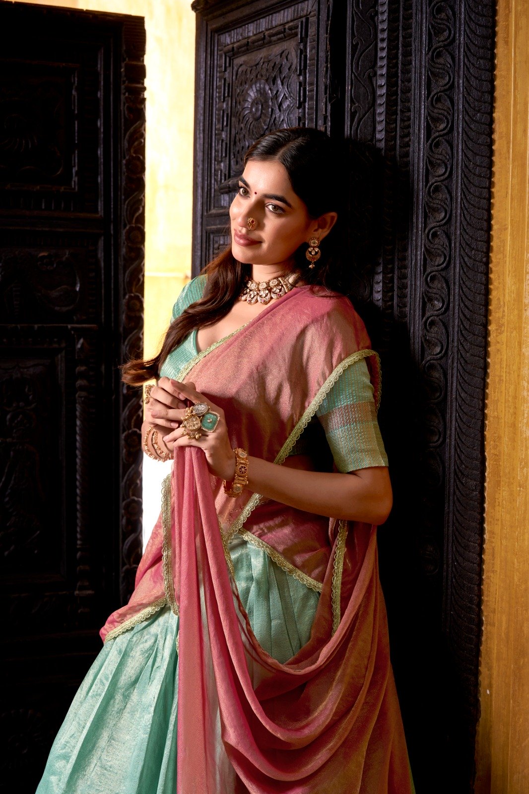 Sky Blue Dupion Silk Lace Zari Work Lehenga Choli - Image 3